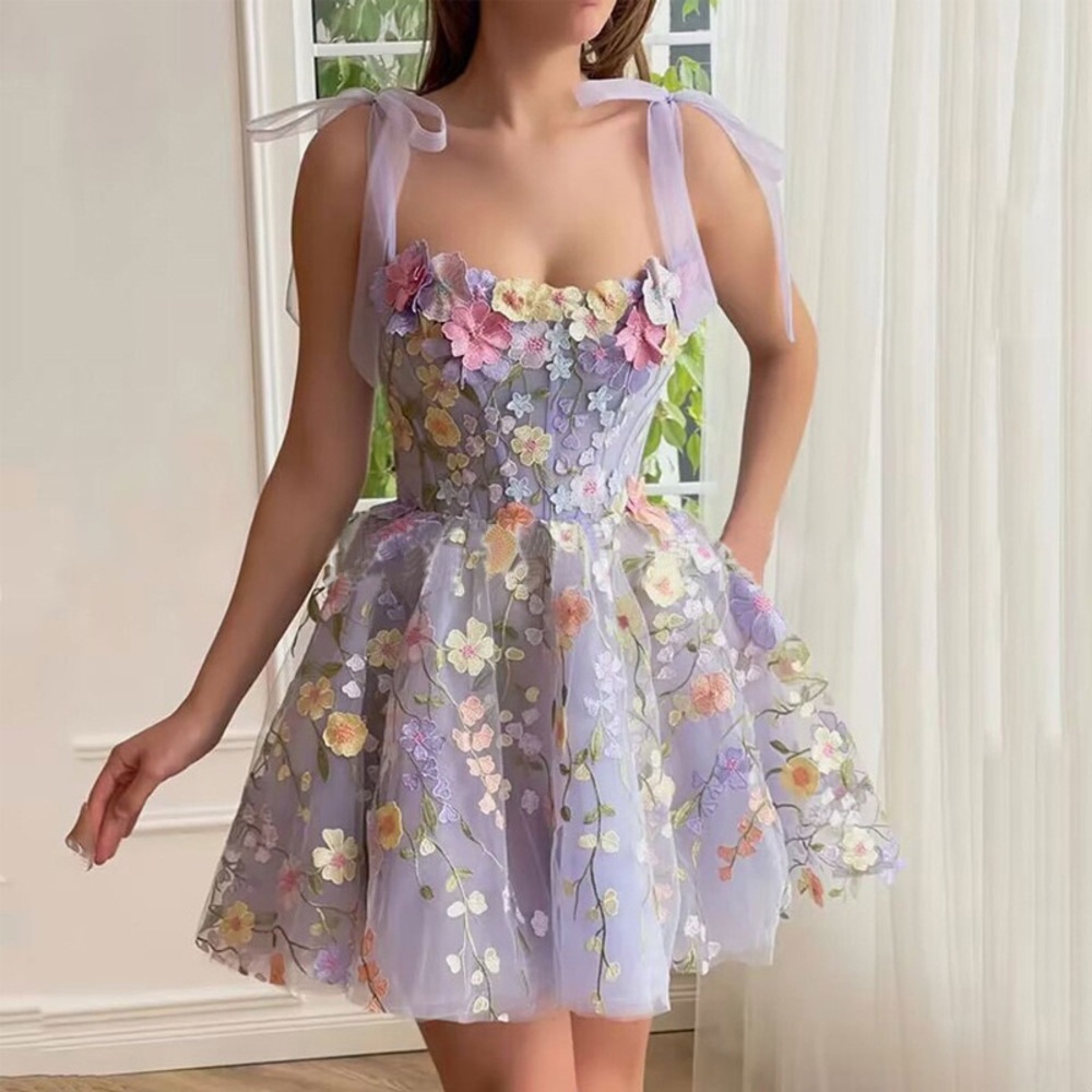 Floral Embroidered Dress with Bow Straps